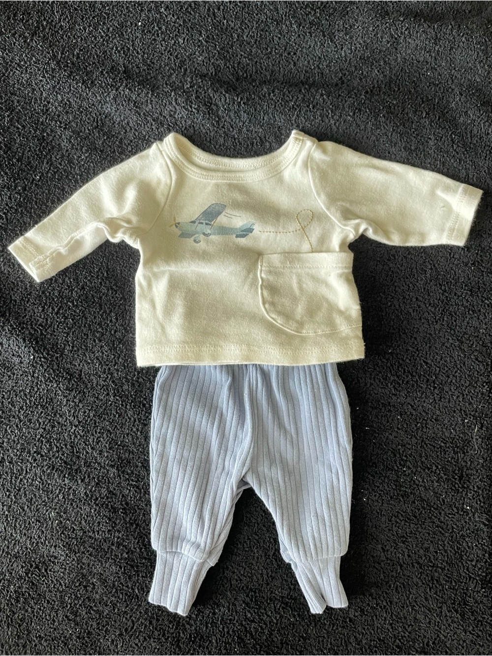 Carters Preemie Cream Airplane Top and Light Blue Ribbed Pants Baby Outfit fall